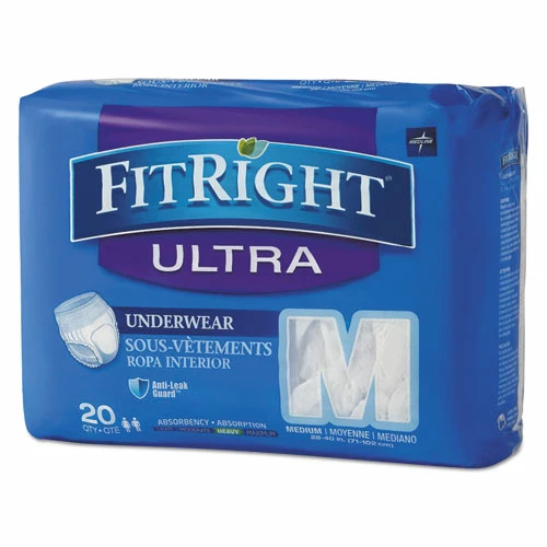 Medline FitRight Ultra Protective Underwear, Medium, 28" To 40" Waist, 20/Pack, 4 Pack/Carton