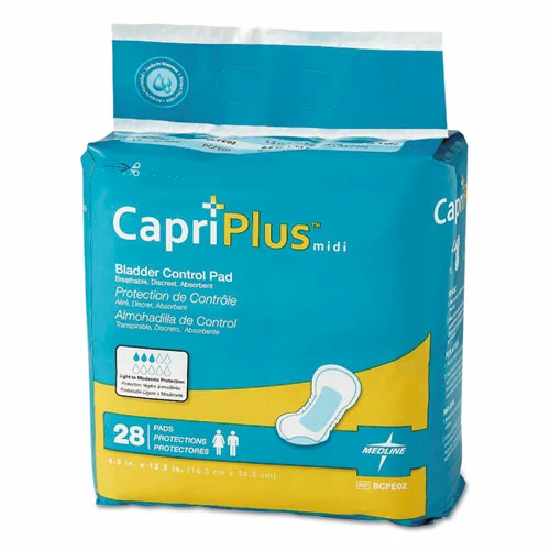Medline Capri Plus Bladder Control Pads, Extra Plus, 6.5" X 13.5", 28/Pack, 6/Carton