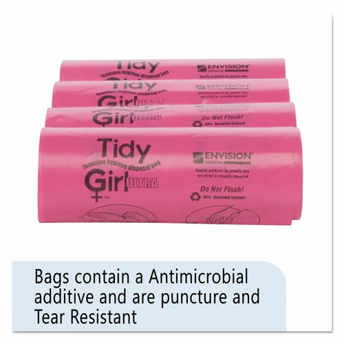 Tidy Girl™ Feminine Hygiene Sanitary Disposal Bags, 4" X 10", Pink/Black, 150 Bags/Roll, 4 Rolls/Carton