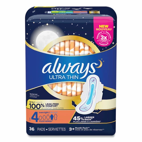 Always® Ultra Thin Overnight Pads With Wings, 36/Pack, 6 Packs/Carton