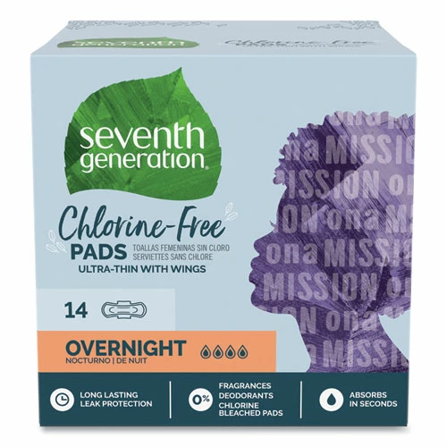 Seventh Generation® Chlorine-Free Ultra Thin Pads With Wings, Overnight, 14/Pack, 6 Packs/Carton