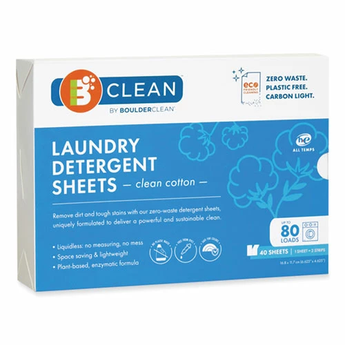 Boulder Clean Laundry Detergent Sheets, Clean Cotton, 40/Pack, 12 Packs/Carton